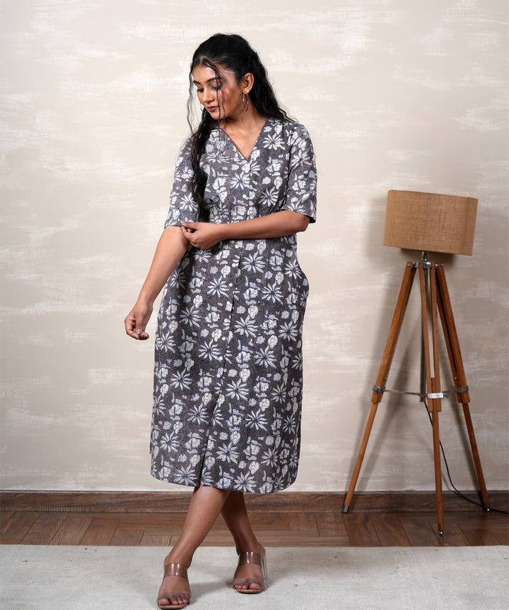 Grey handblock floral printed cotton dress