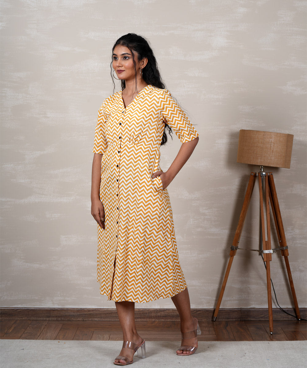 Yellow handblock printed cotton dress