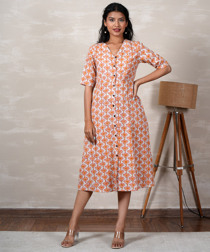 White orange handblock printed cotton dress