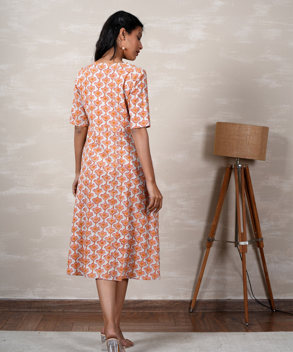 White orange handblock printed cotton dress