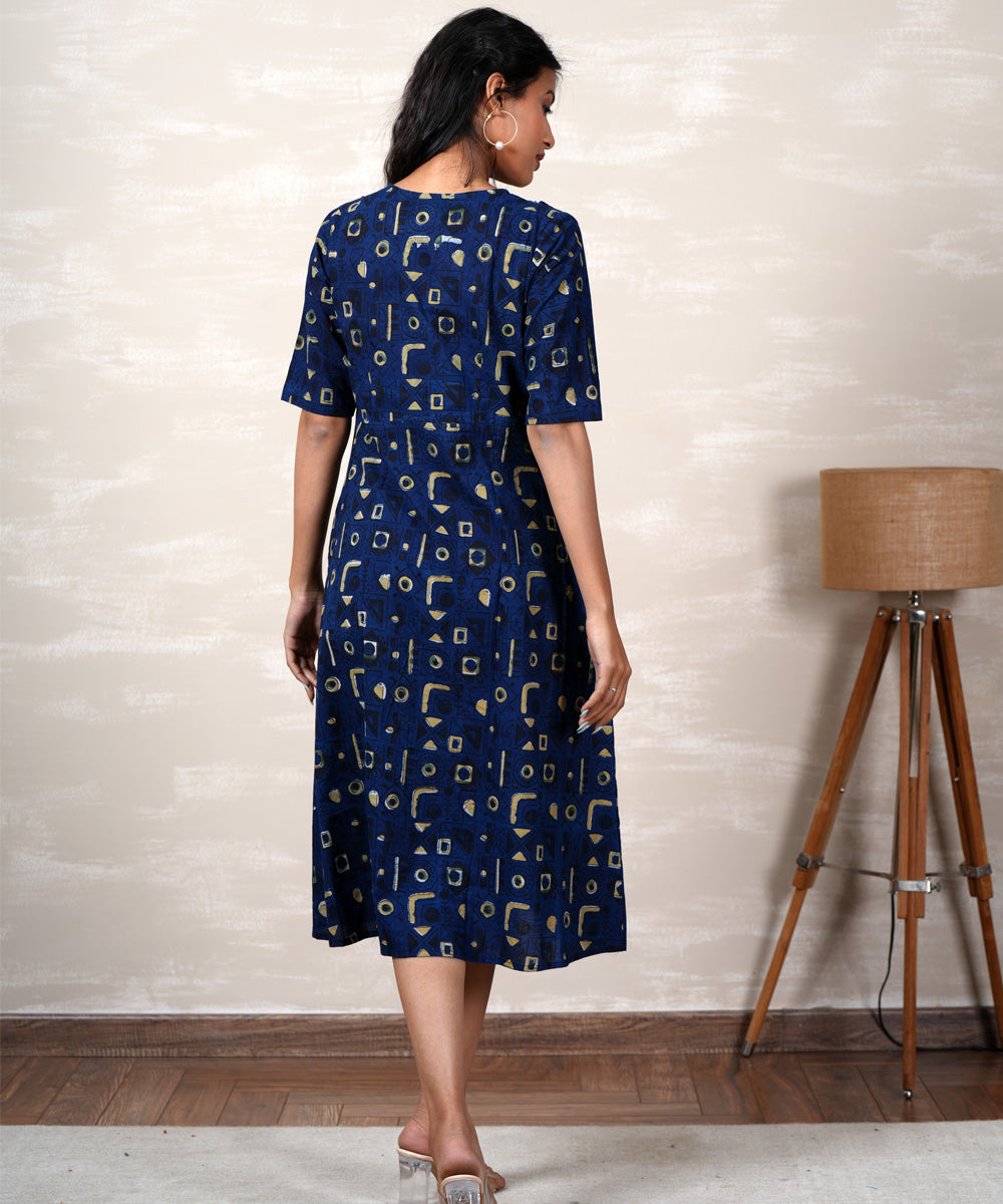 Navy blue handblock printed cotton dress