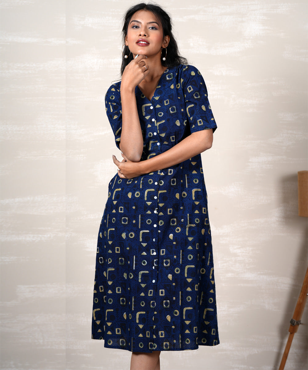 Navy blue handblock printed cotton dress