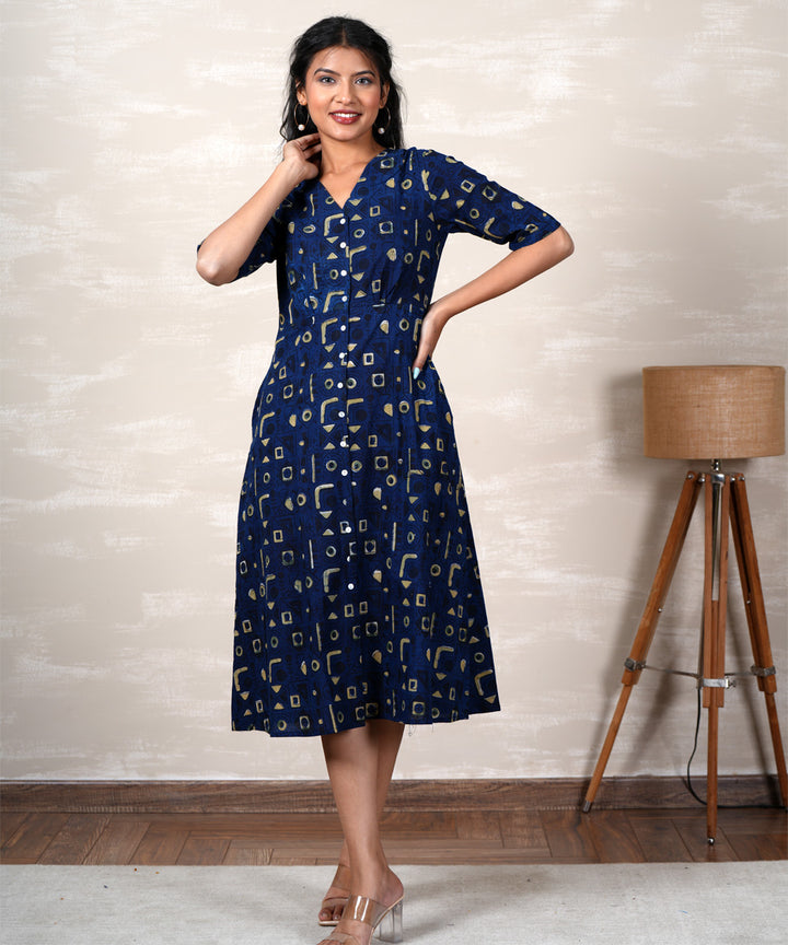 Navy blue handblock printed cotton dress