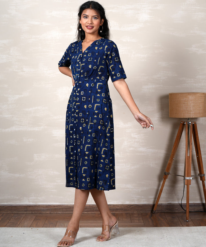 Navy blue handblock printed cotton dress