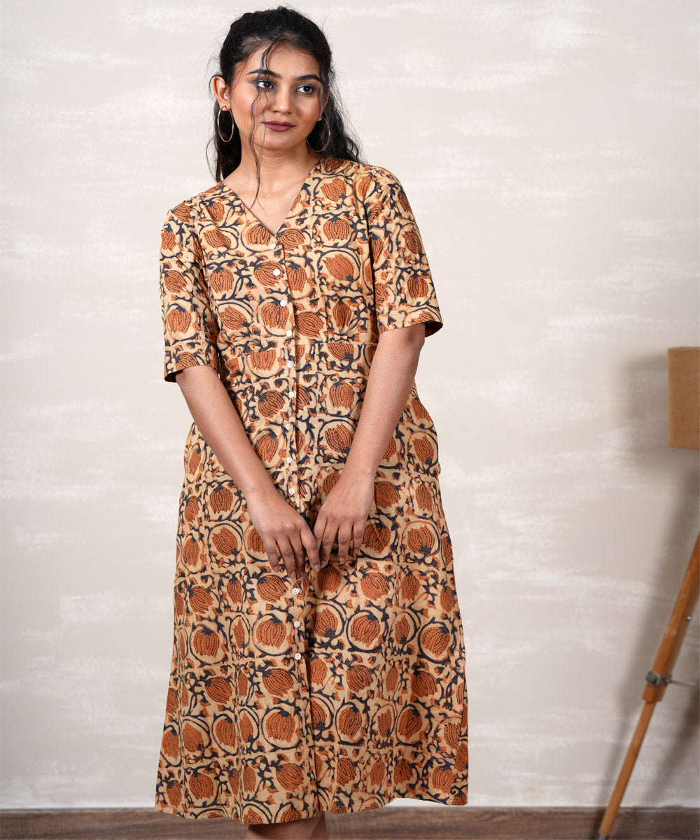 Orange handblock printed cotton dress