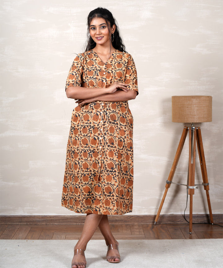 Orange handblock printed cotton dress