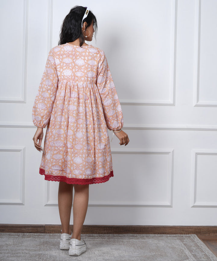 White orange floral handblock printed cotton dress