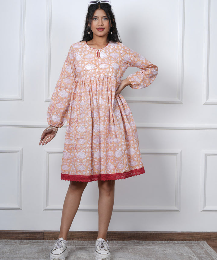 White orange floral handblock printed cotton dress