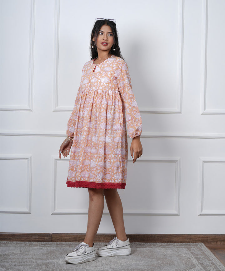 White orange floral handblock printed cotton dress