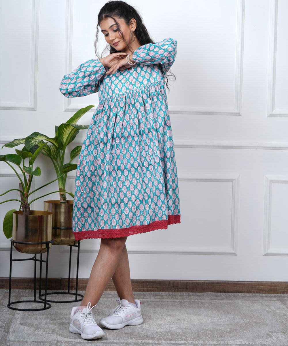 White blue handblock gathered cotton dress