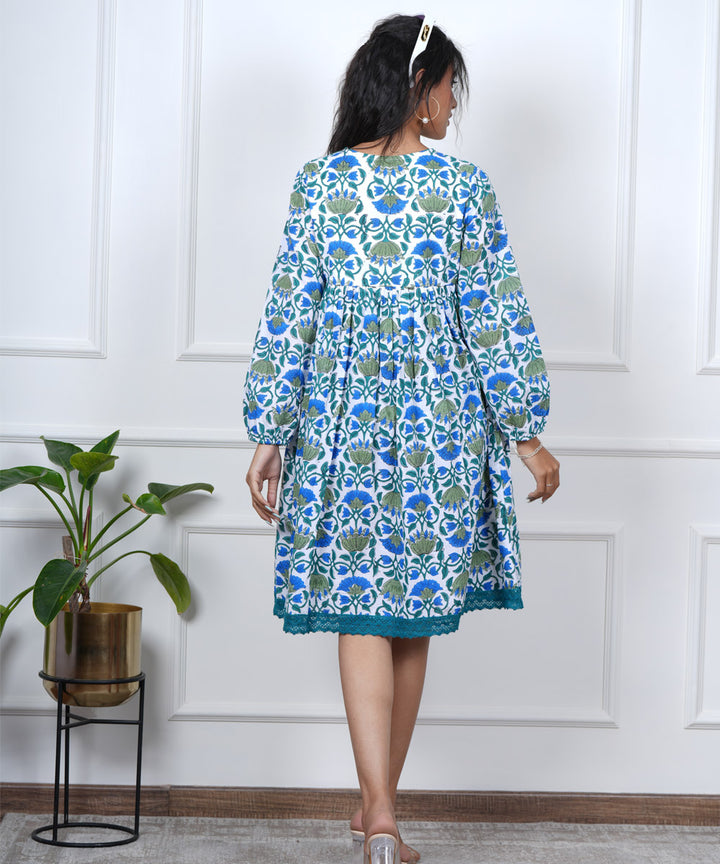 Green blue handblock printed cotton dress