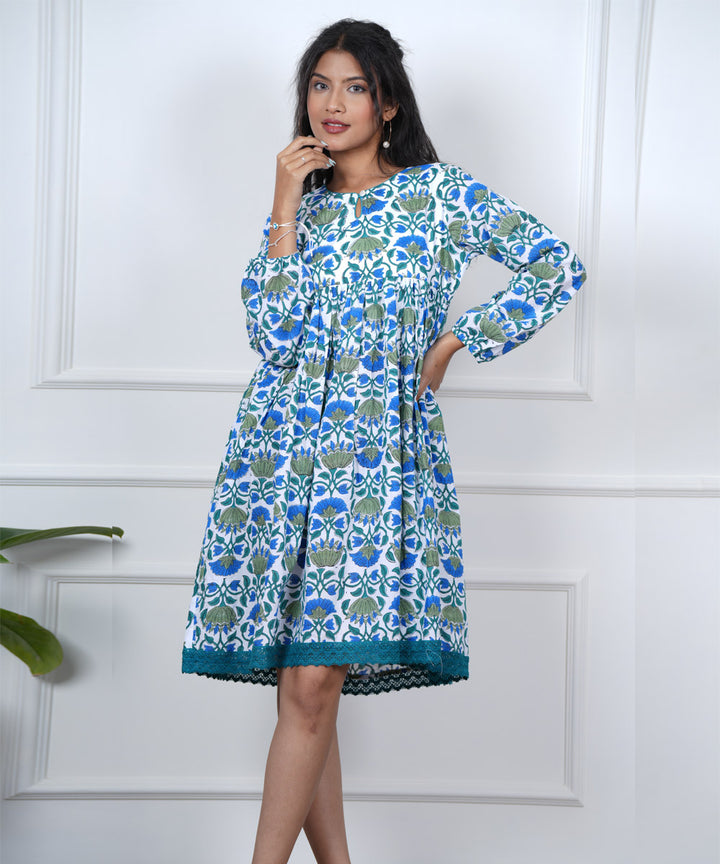 Green blue handblock printed cotton dress