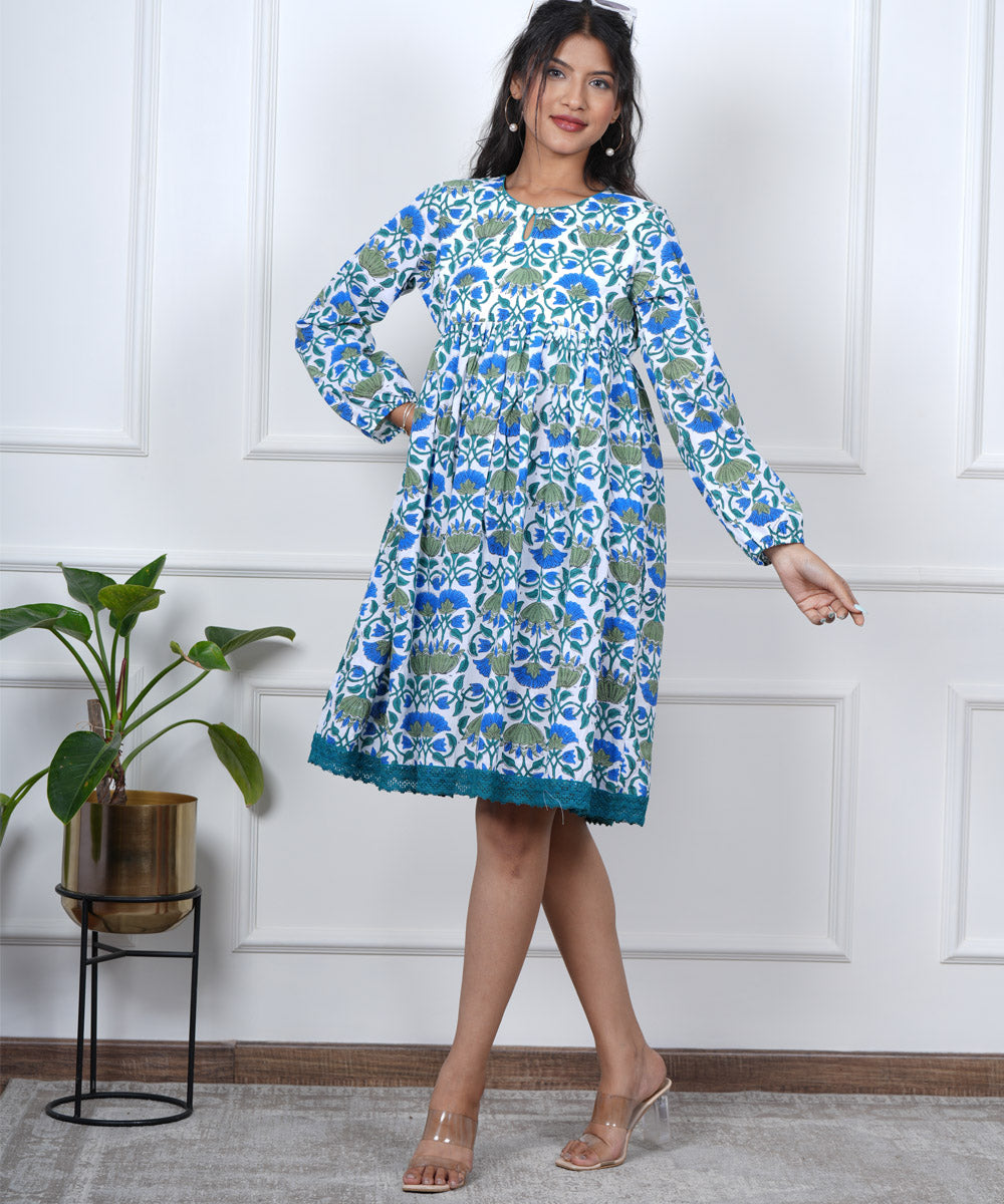 Green blue handblock printed cotton dress