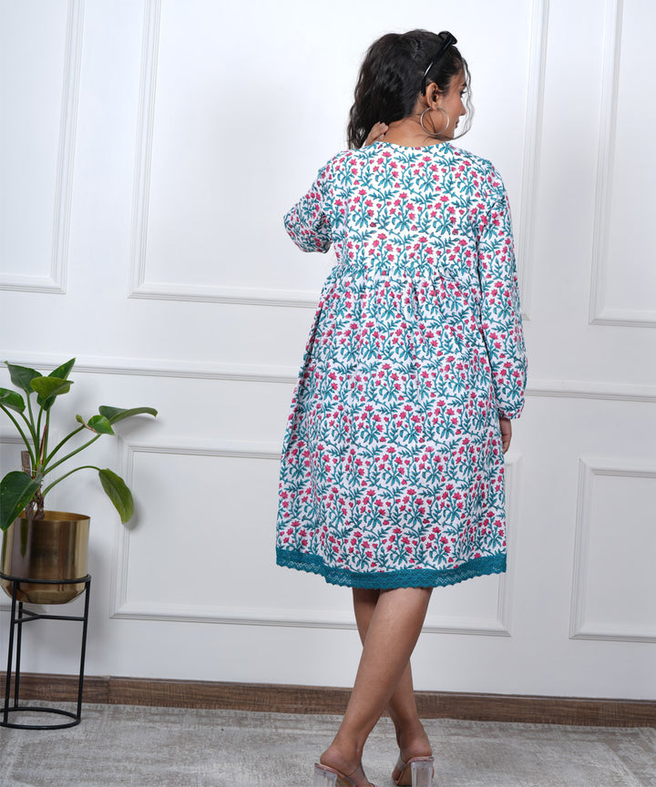 Blue pink handblock printed cotton dress