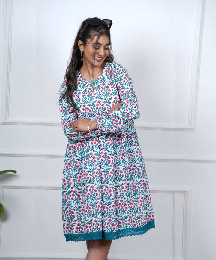 Blue pink handblock printed cotton dress