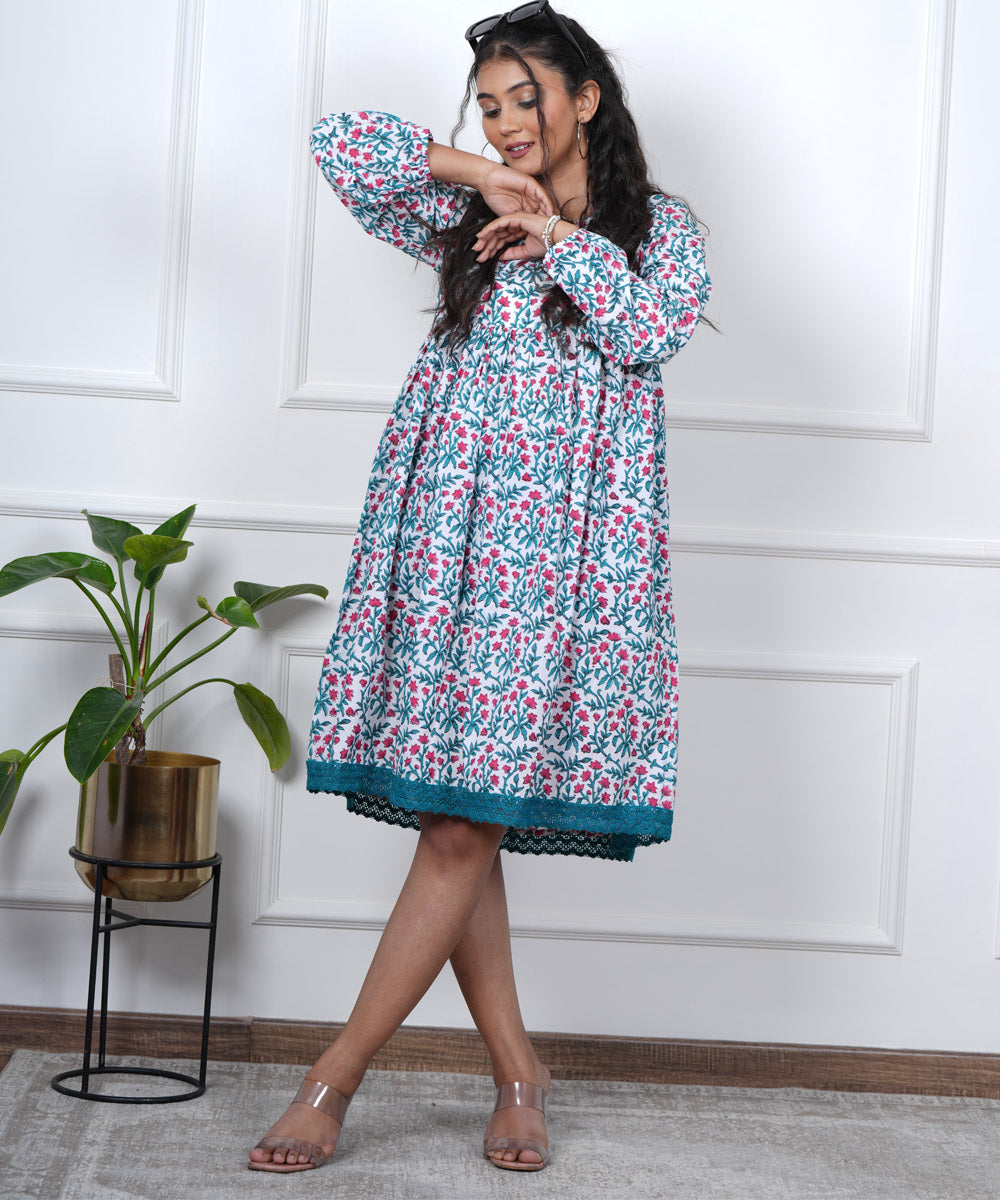 Blue pink handblock printed cotton dress