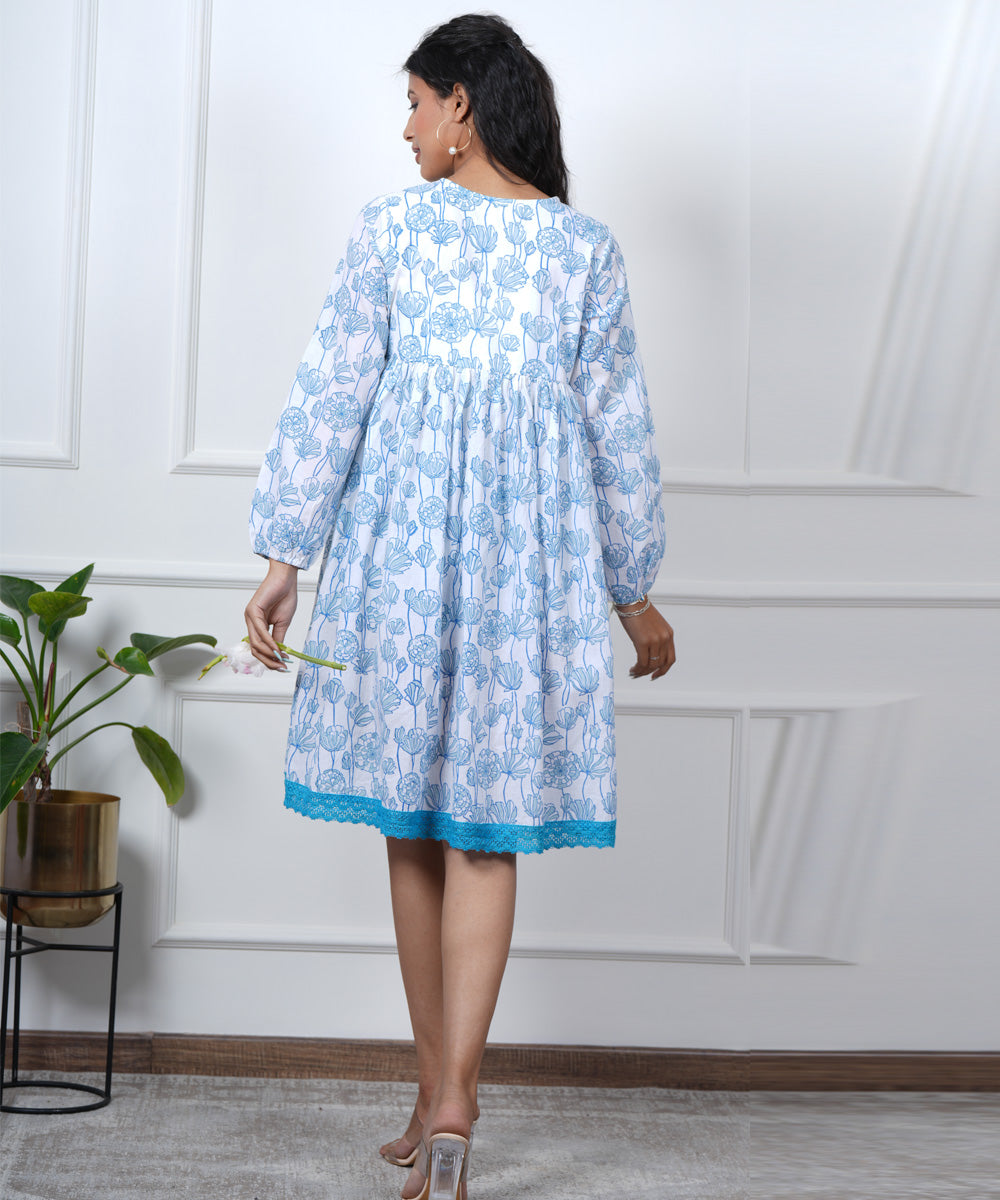 White blue floral hand block cotton dress