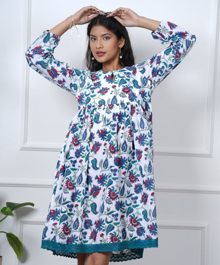 White purple floral handblock printed cotton dress