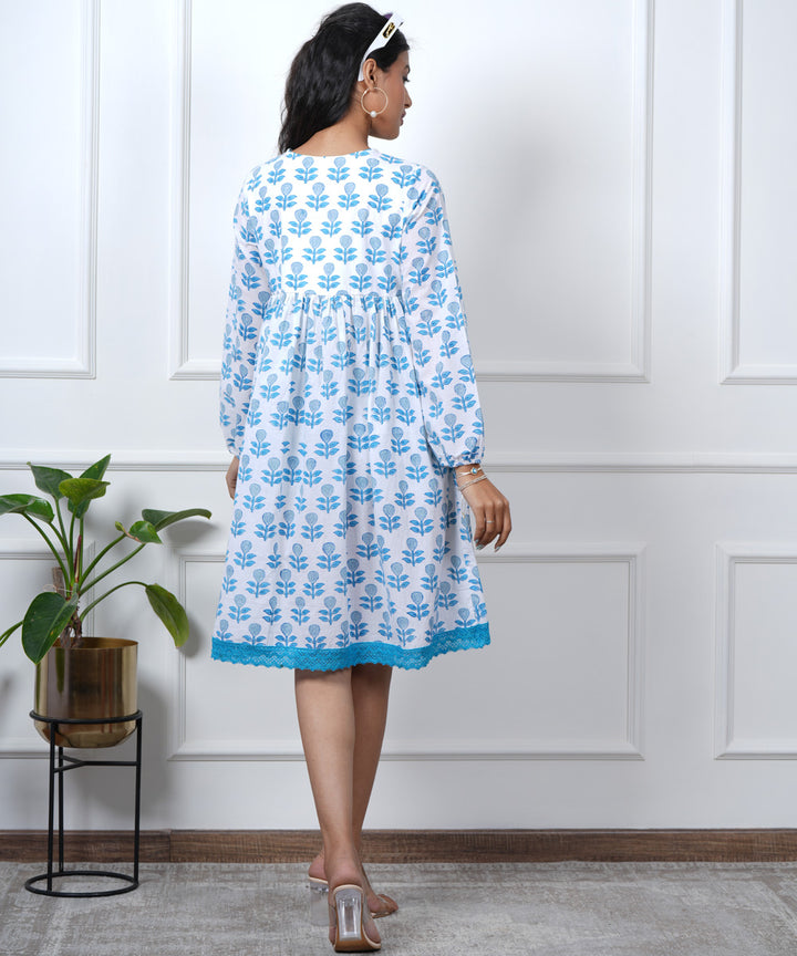 White blue leaf handblock printed cotton dress