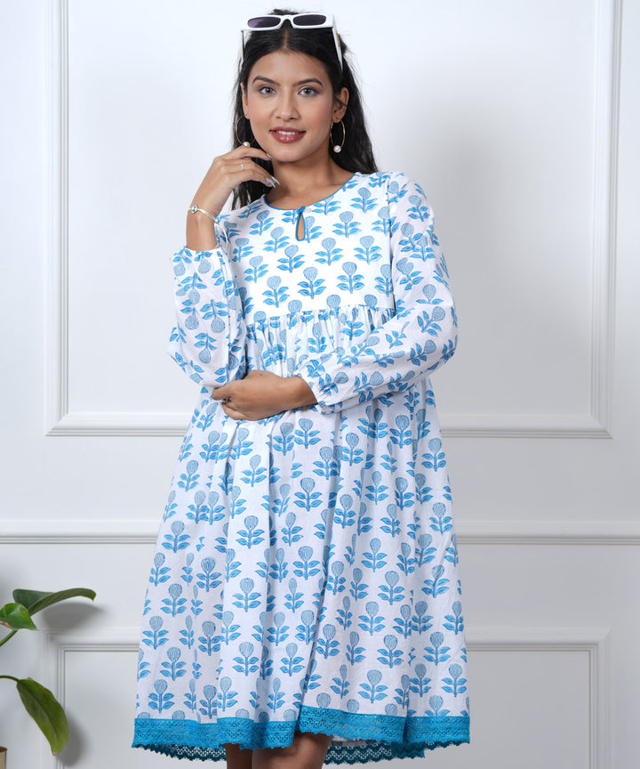 White blue leaf handblock printed cotton dress