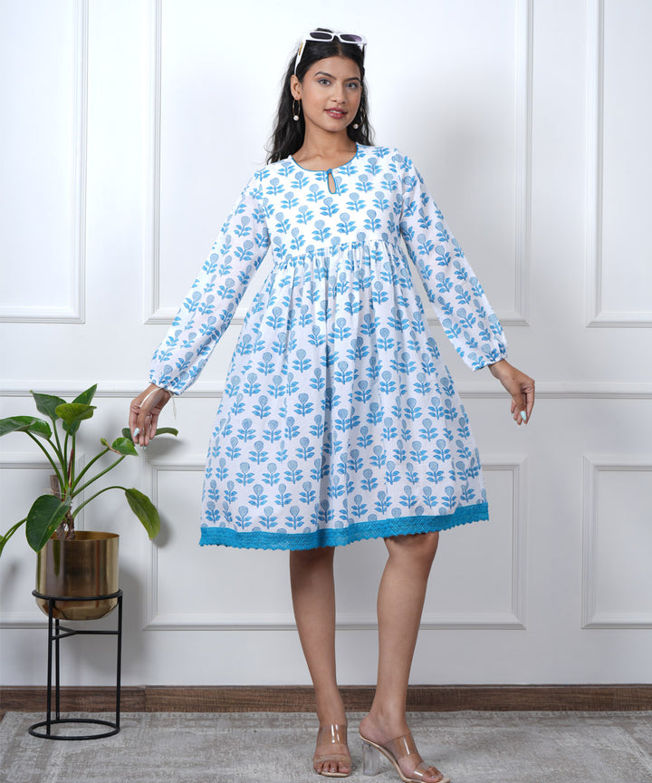 White blue leaf handblock printed cotton dress