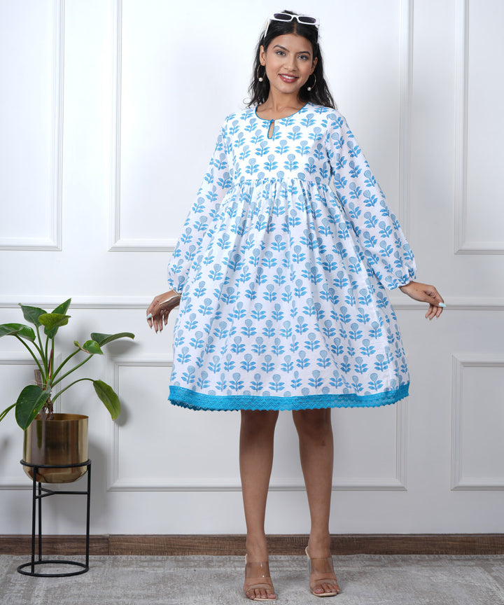 White blue leaf handblock printed cotton dress