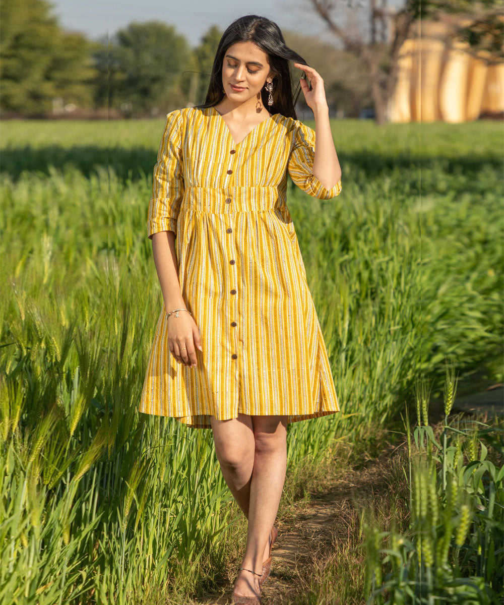 Yellow handblock printed cotton dress