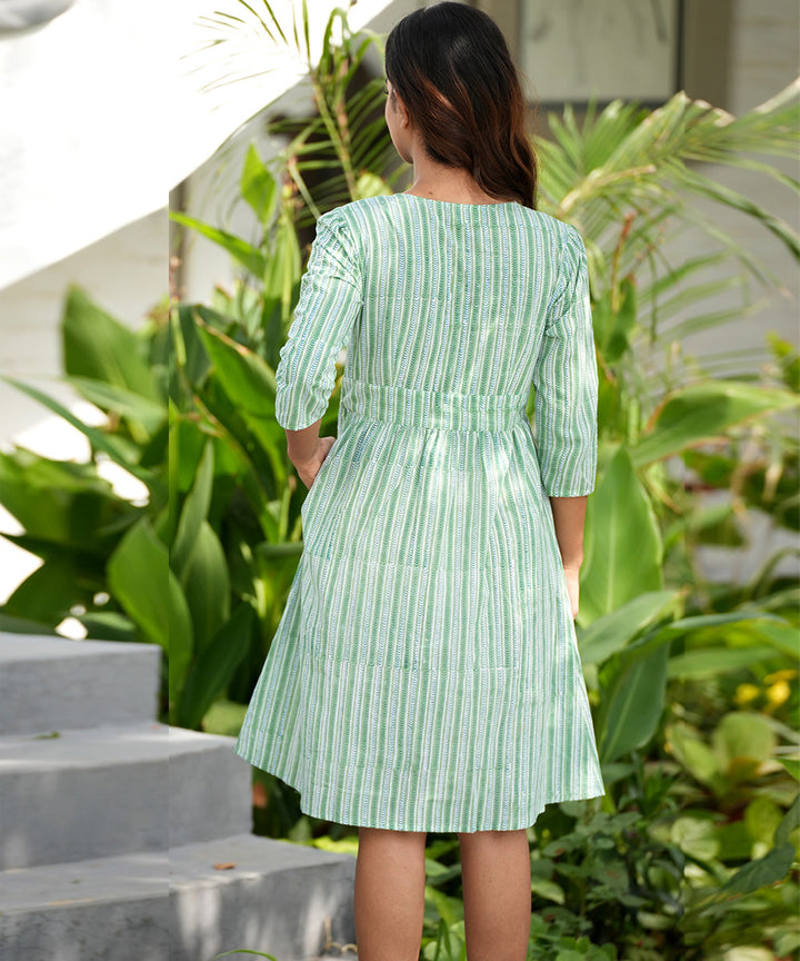 Green summer block printed cotton dress
