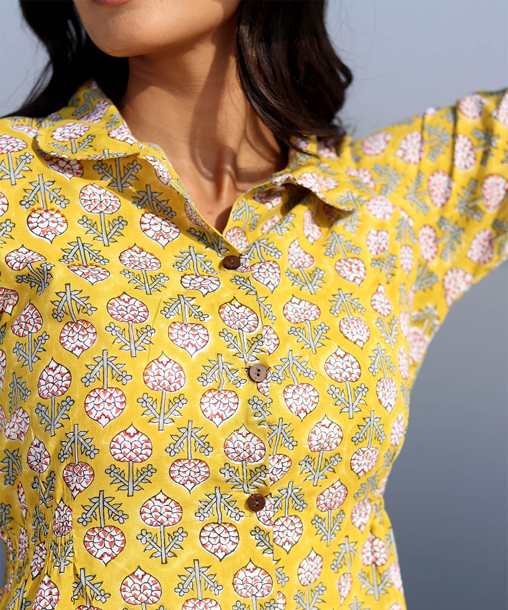 Yellow floral hand block printed cotton dress