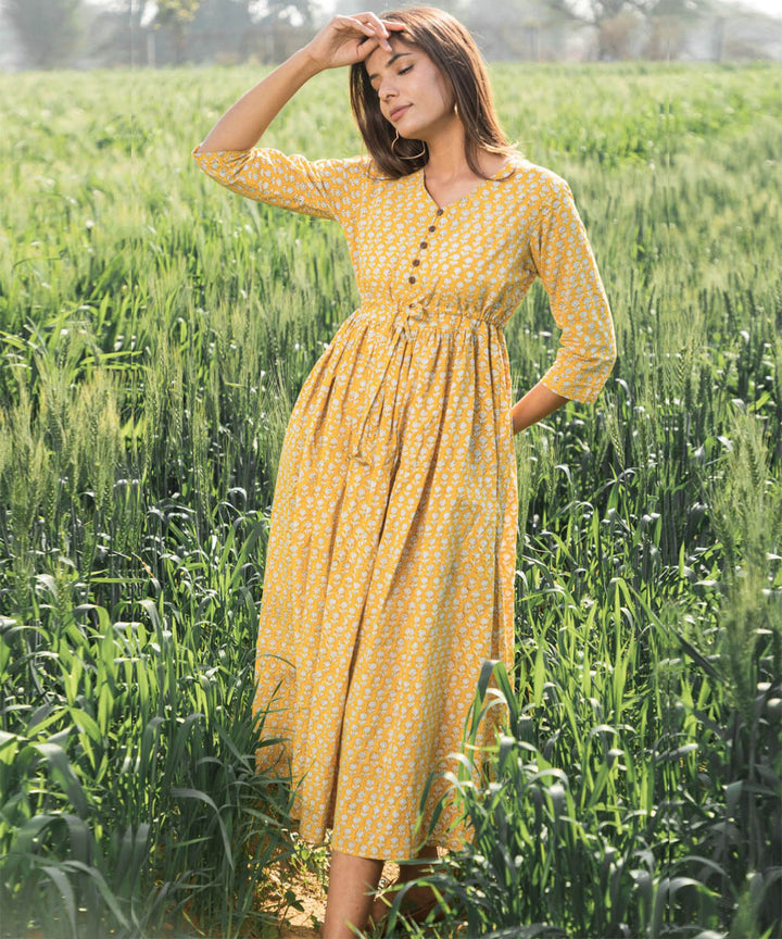 Mustard small handblock printed cotton dress