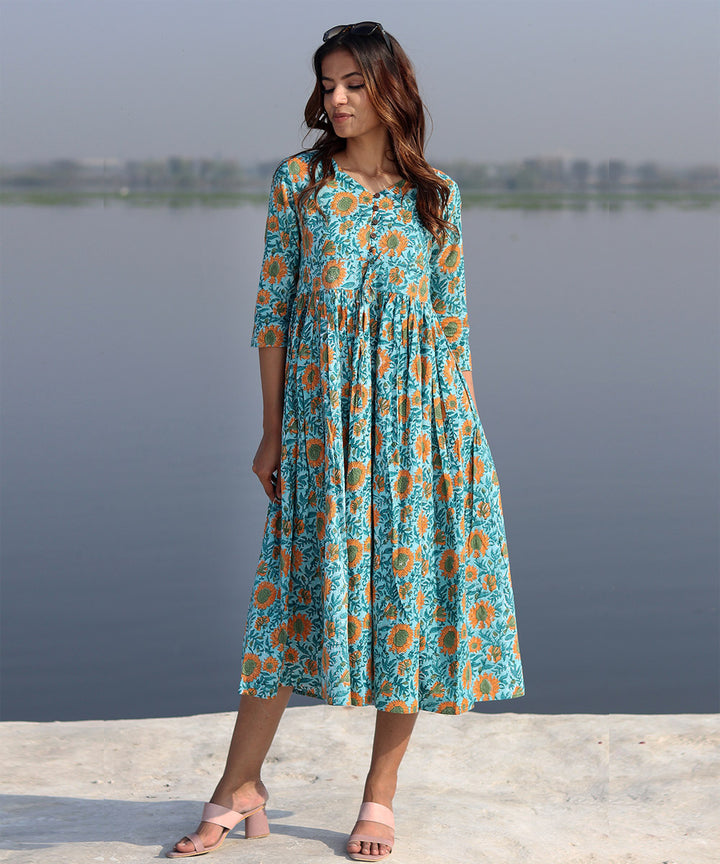 Green floral hand block printed cotton dress