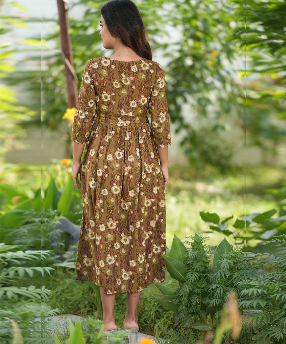 Brown floral handblock printed cotton dress