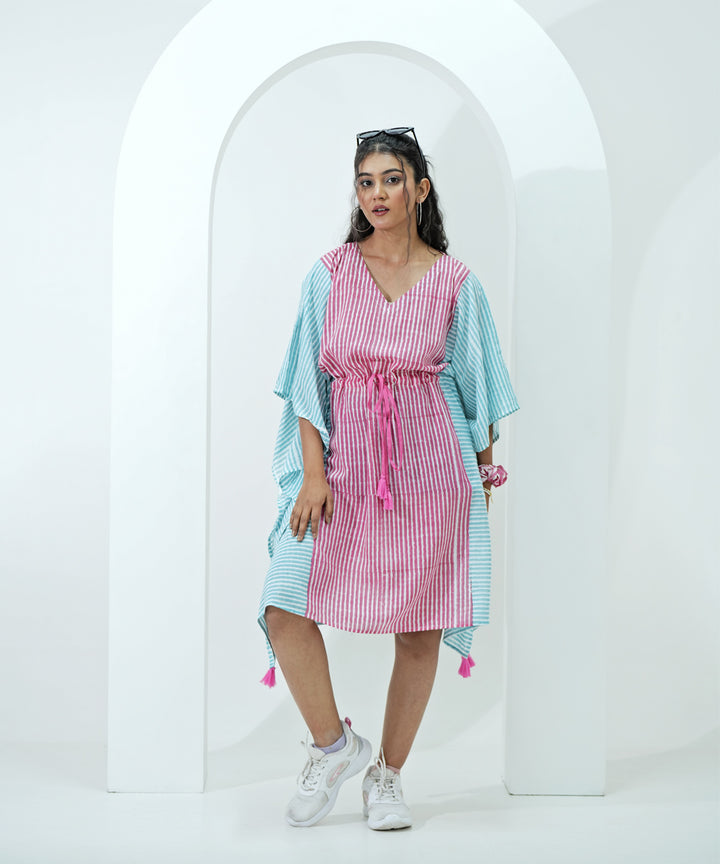 Blue pink handblock printed modal kaftan