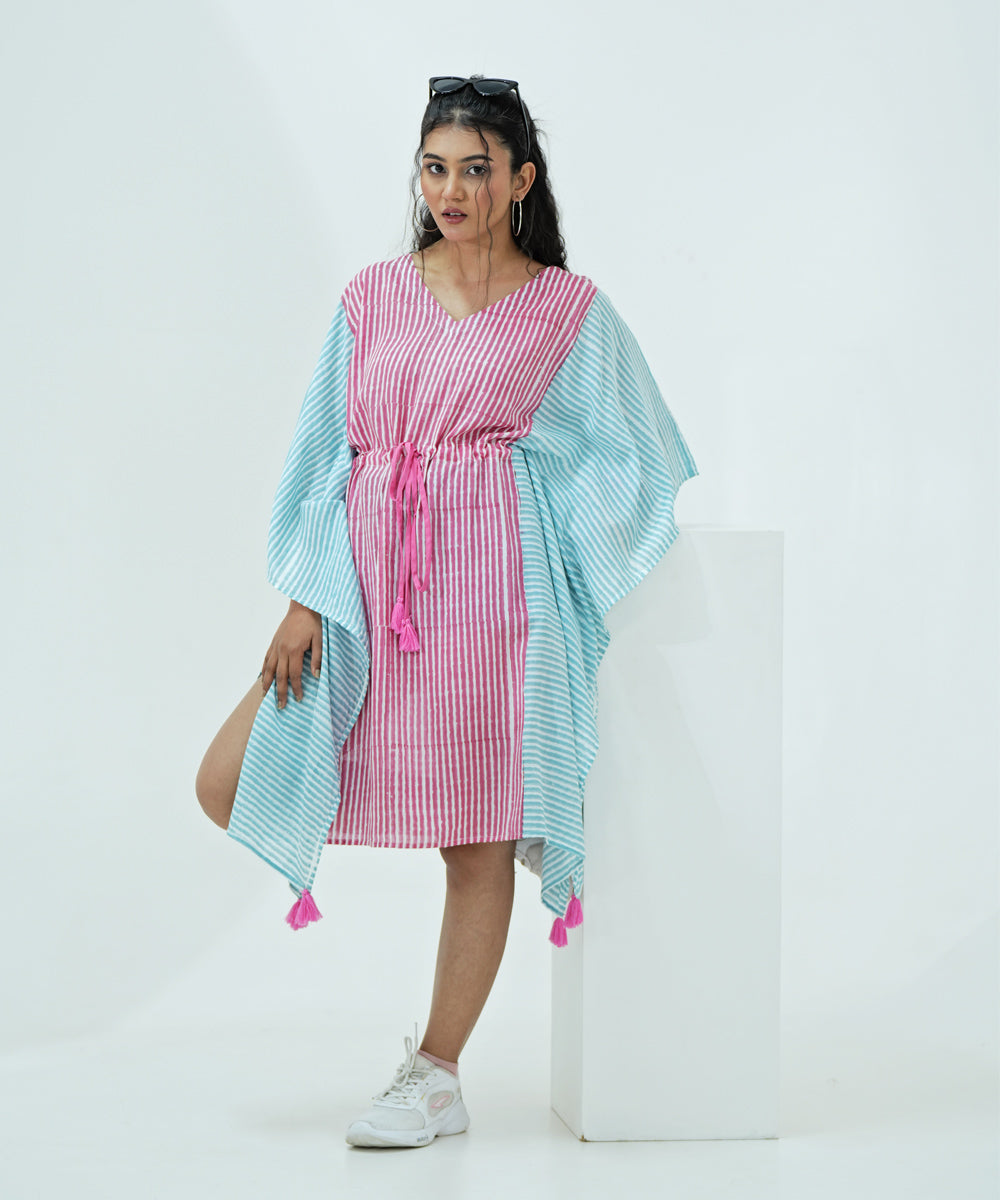 Blue pink handblock printed modal kaftan