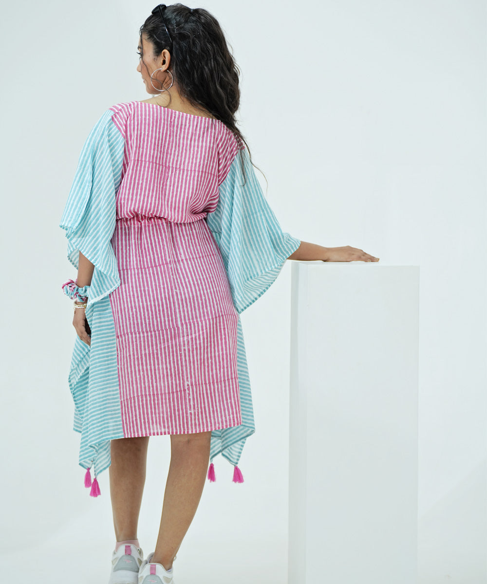 Blue pink handblock printed modal kaftan