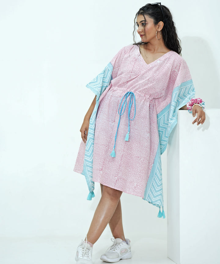 Baby pink blue handblock printed modal kaftan