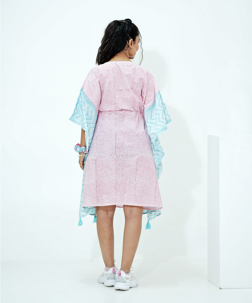 Baby pink blue handblock printed modal kaftan