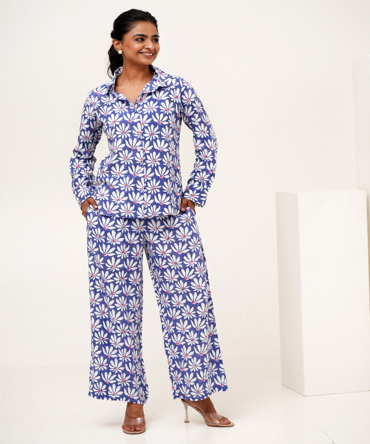 Blue petal hand block printed modal silk co-ord set