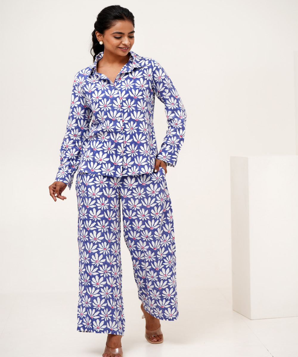 Blue petal hand block printed modal silk co-ord set