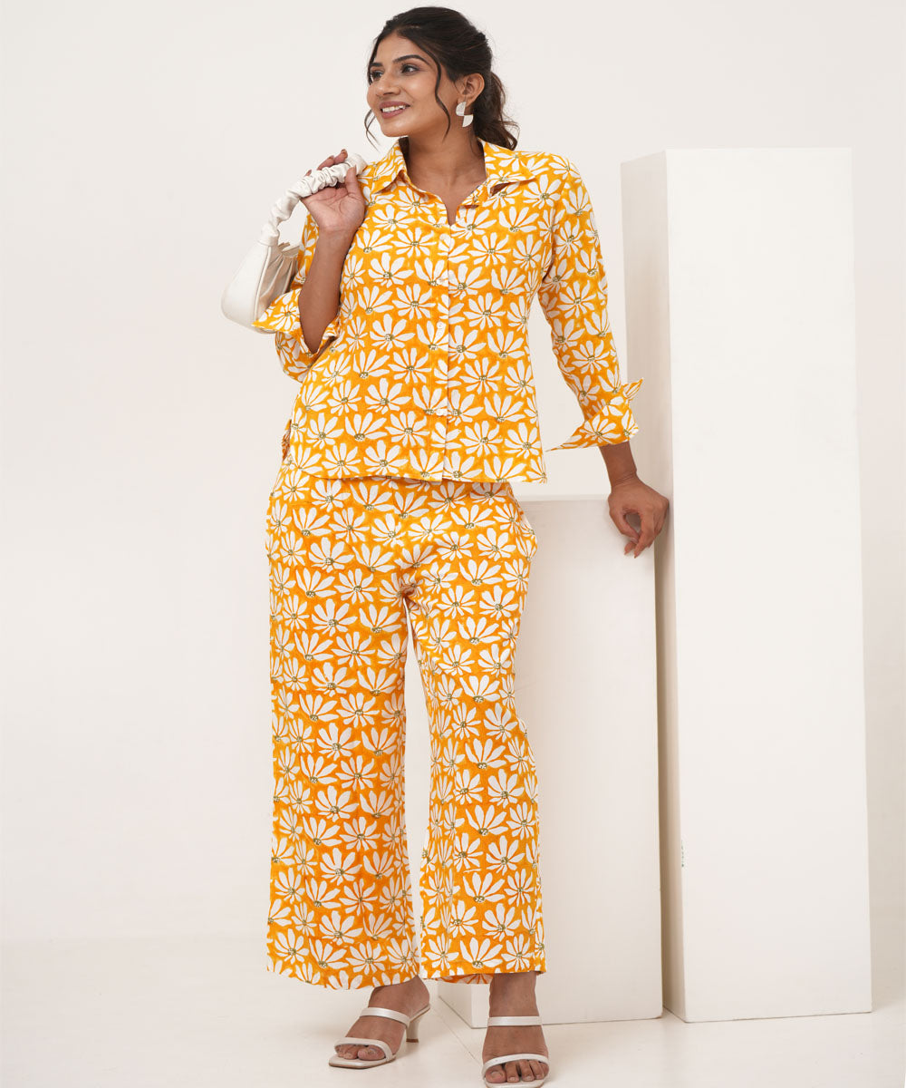 Yellow petal hand block printed modal silk co-ord set