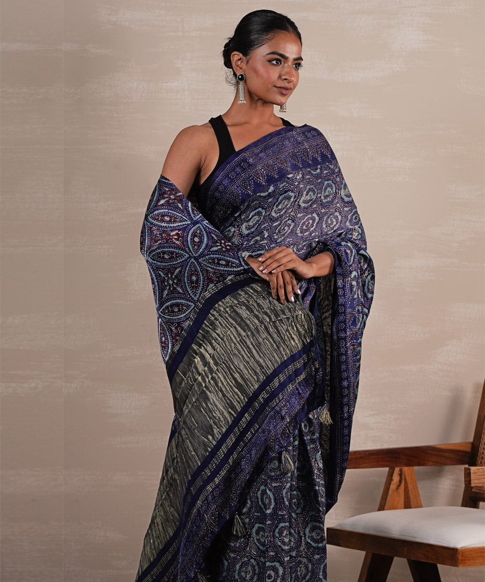 Celestial cascade modal tissue hand block printed saree