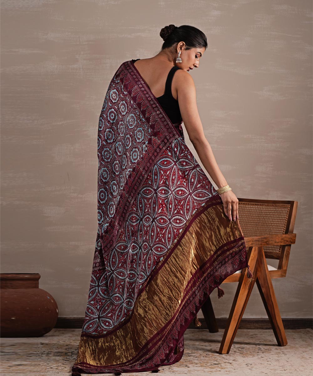 Carmine cascade hand block printed modal tissue saree