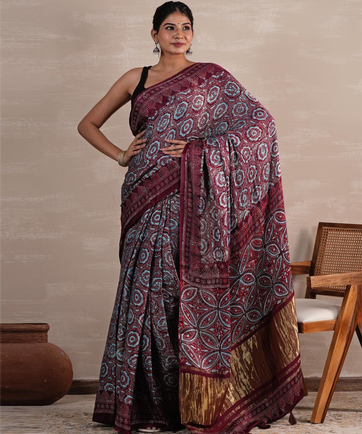 Carmine cascade hand block printed modal tissue saree