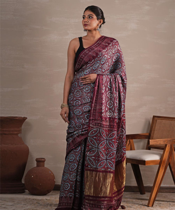 Carmine cascade hand block printed modal tissue saree