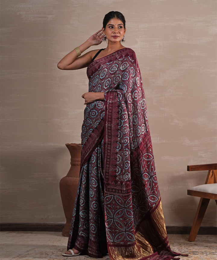 Carmine cascade hand block printed modal tissue saree