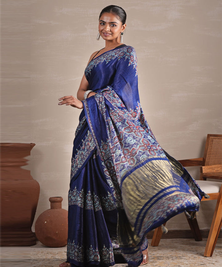 Azure blossom block printed modal tissue saree