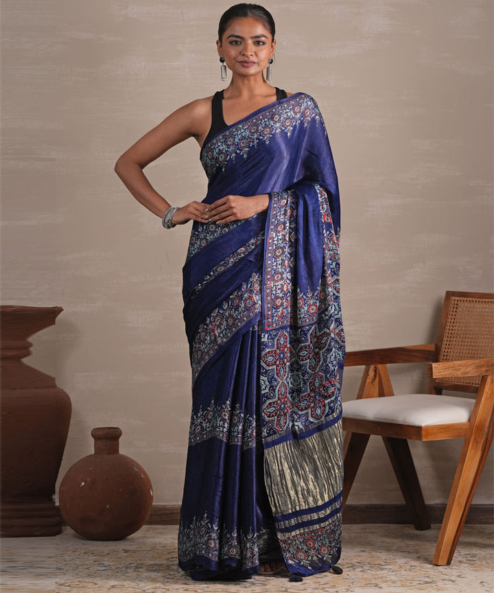 Azure blossom block printed modal tissue saree