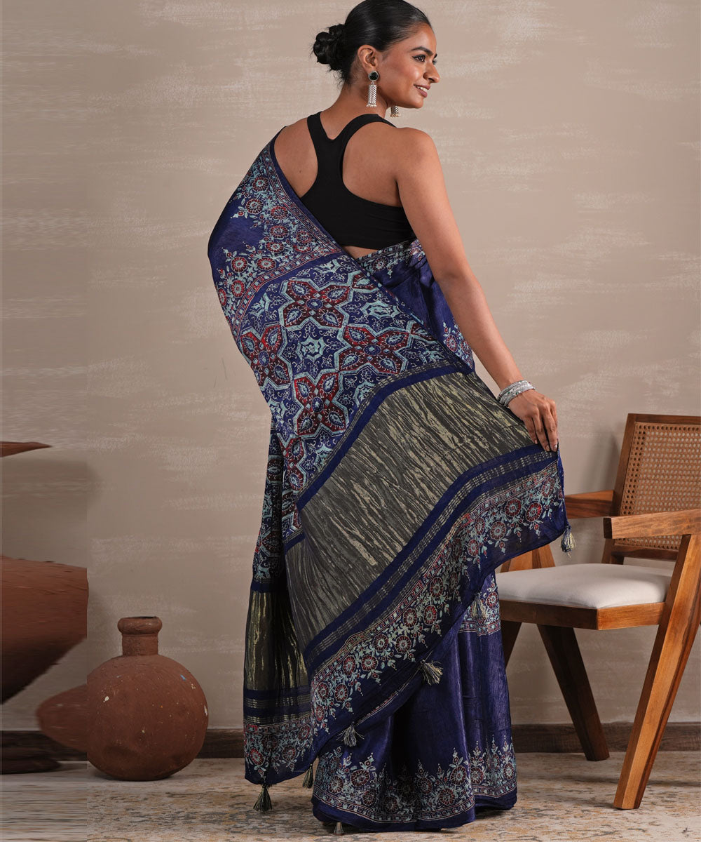 Azure blossom block printed modal tissue saree