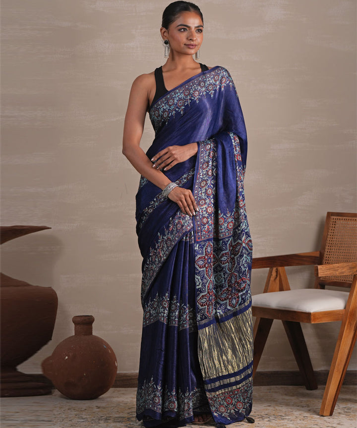 Azure blossom block printed modal tissue saree