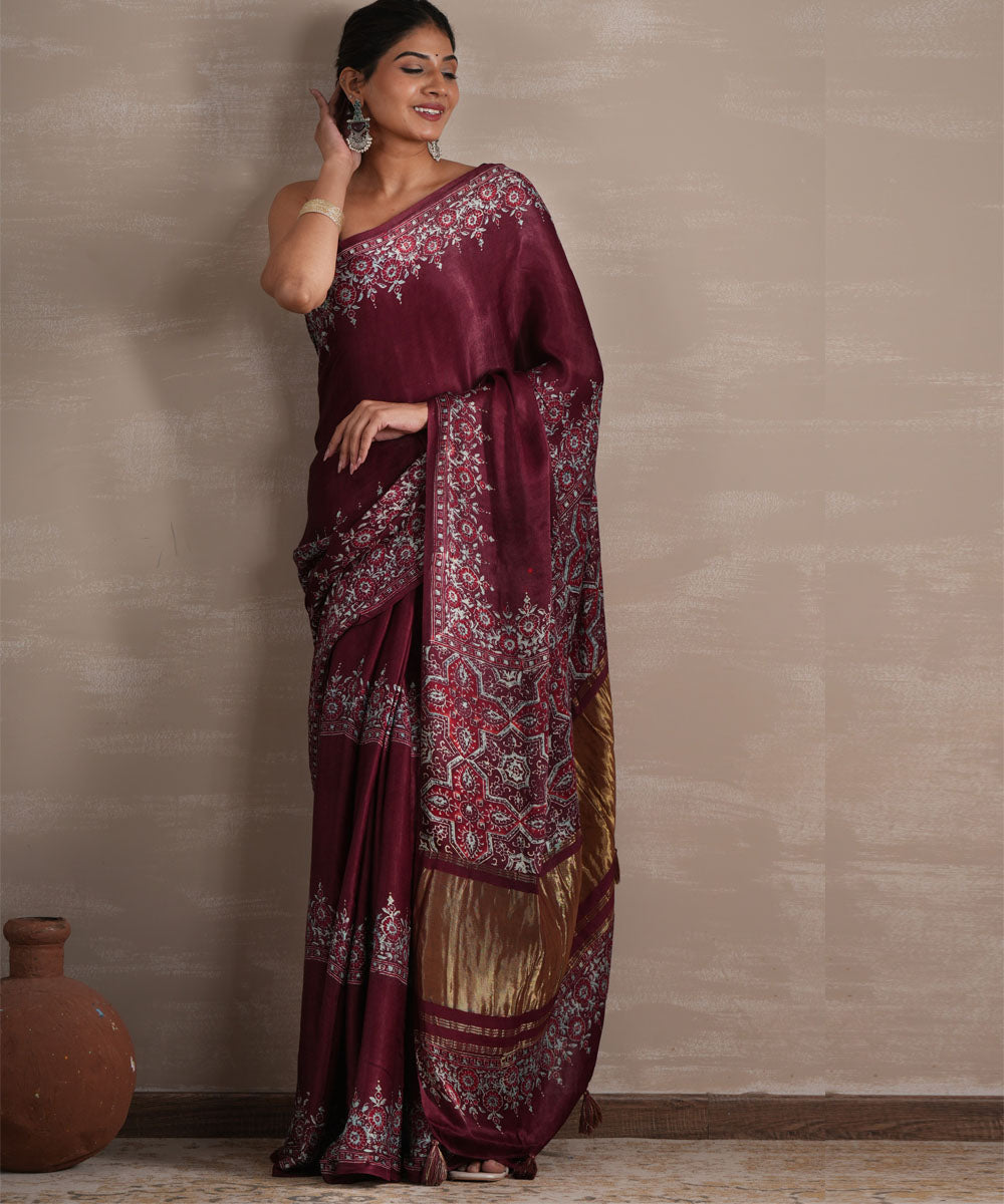 Wine whisper block printed modal tissue saree